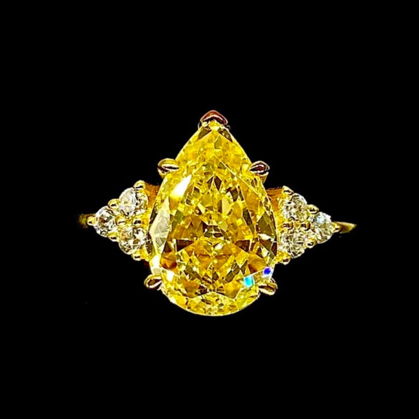 Yellow Pear CZ Crushed Iced Cut in 925 Sterling Sliver Ring