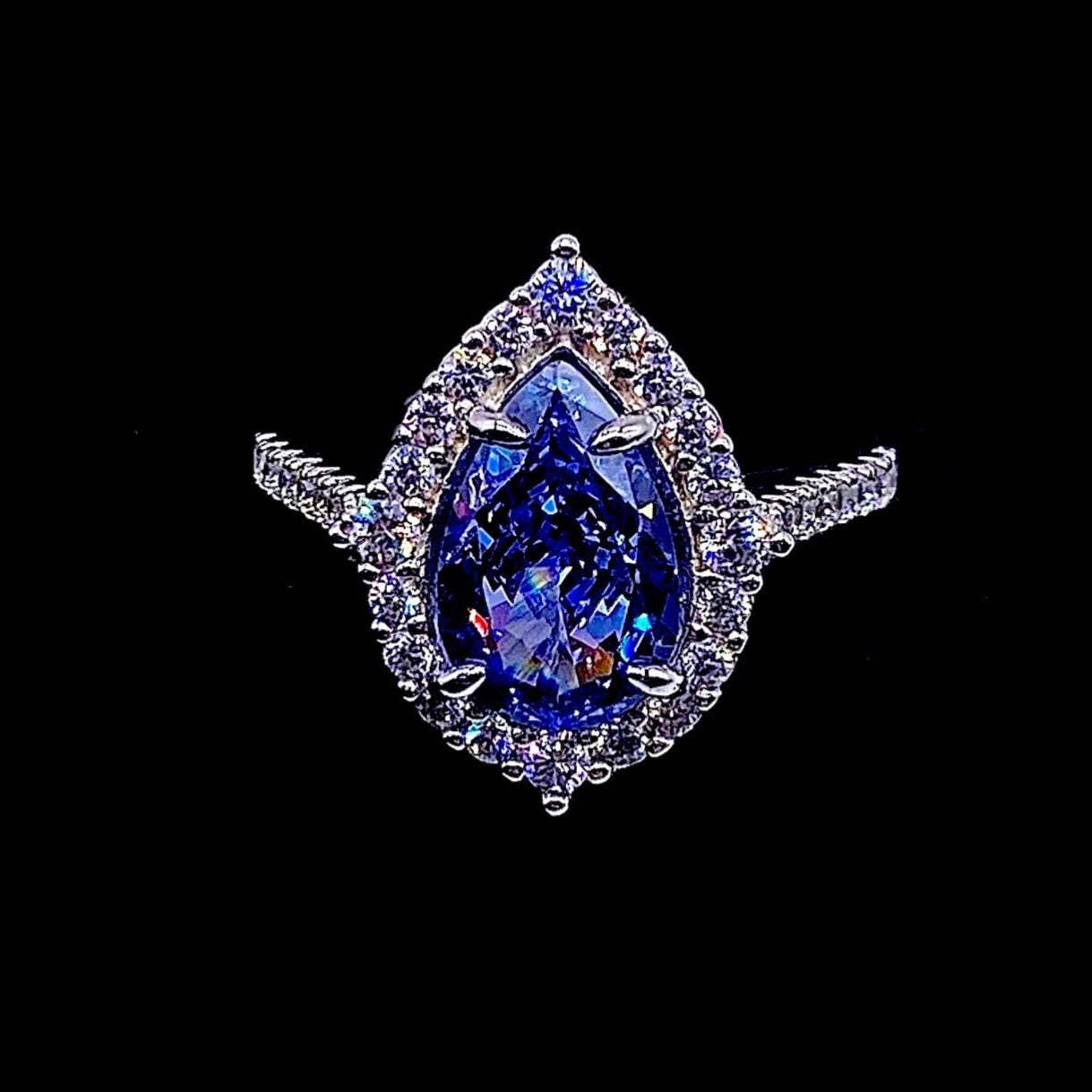 Royal Blue Pear CZ Crushed Iced Cut in 925 Sterling Sliver Ring