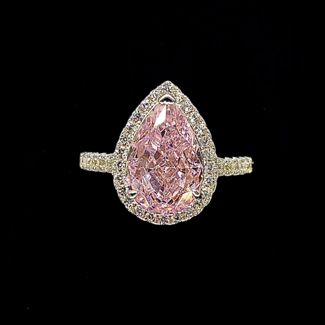 Pink Pear CZ Crushed Iced Cut in 925 Sterling Sliver Ring